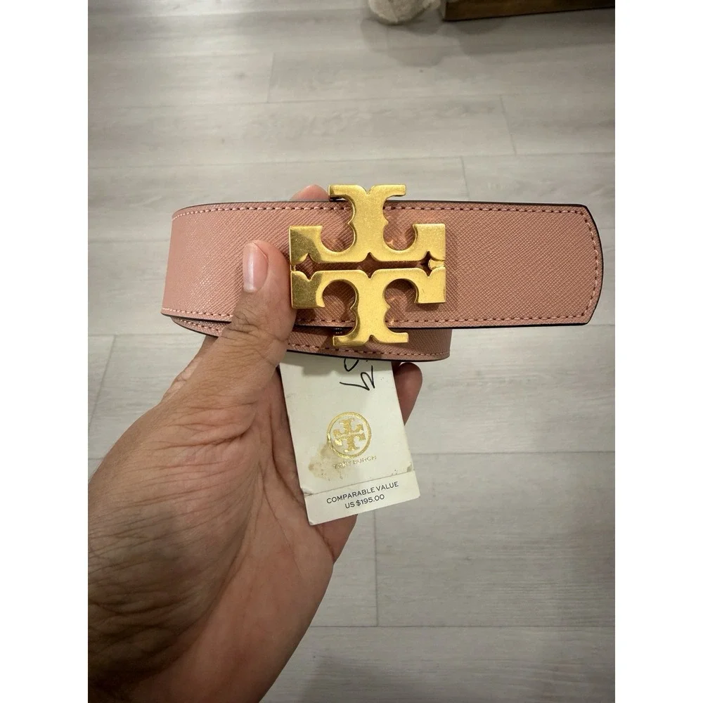 Tory Burch Reversible Logo Belt M Pink Moon Taupe Gold Double T NWT